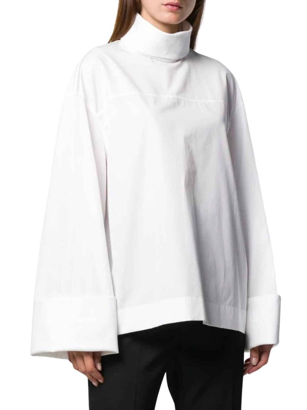The Row Mayomi Long Sleeve Cotton Poplin Funnel Neck Top White Women's Small